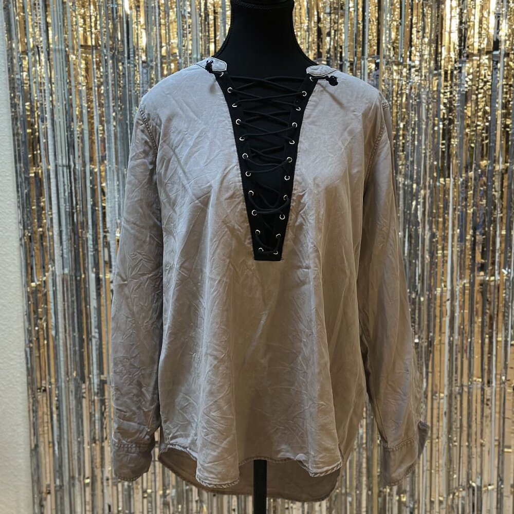 Vintage 2000s Express Blouse Top Women's L Beige Long Sleeve V Neck Drawstring